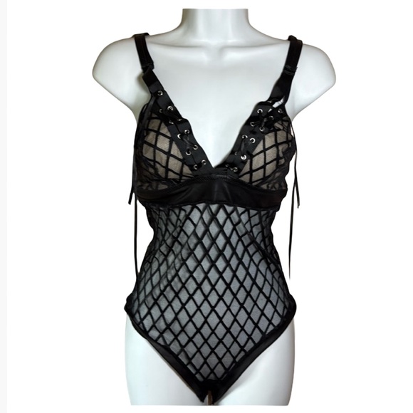 Frederick's of Hollywood Black Lace Up Mesh Bodysuit Lingerie Ladies Medium - Picture 1 of 16